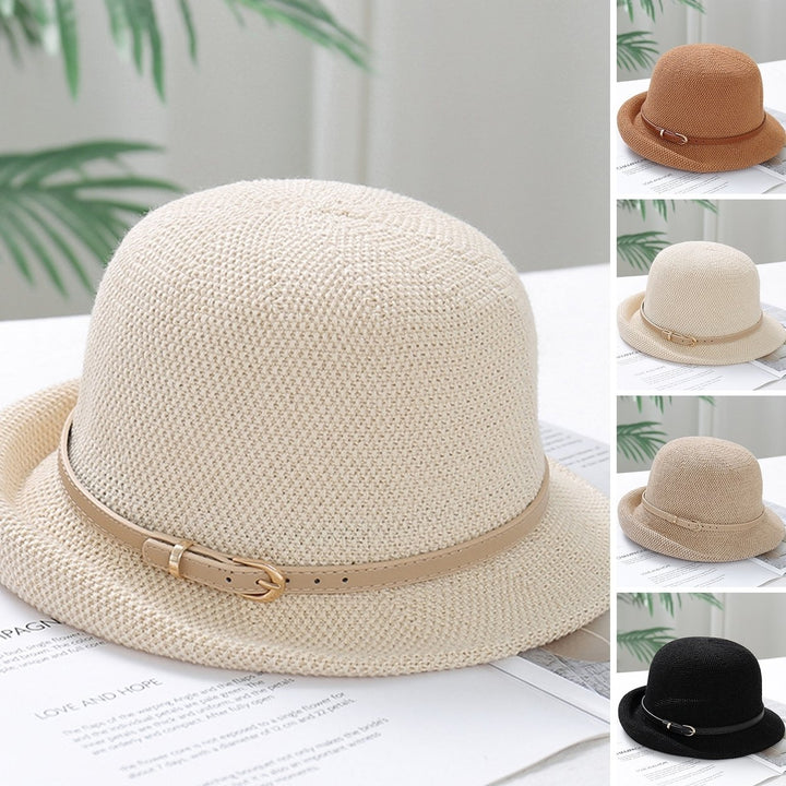 Women Beach Hat Solid Color Breathable Sun Protection Belt Decor Curled Edge Anti-UV Knitted Thin Summer Vacation Summer Image 1