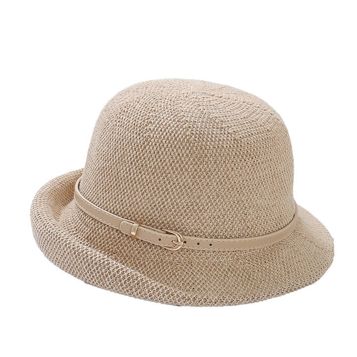 Women Beach Hat Solid Color Breathable Sun Protection Belt Decor Curled Edge Anti-UV Knitted Thin Summer Vacation Summer Image 4