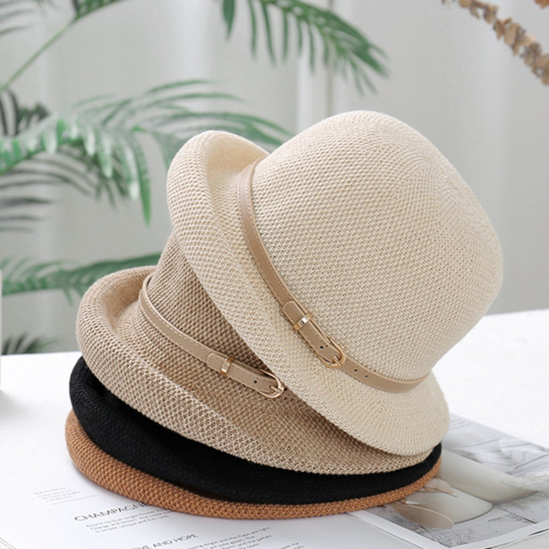 Women Beach Hat Solid Color Breathable Sun Protection Belt Decor Curled Edge Anti-UV Knitted Thin Summer Vacation Summer Image 7