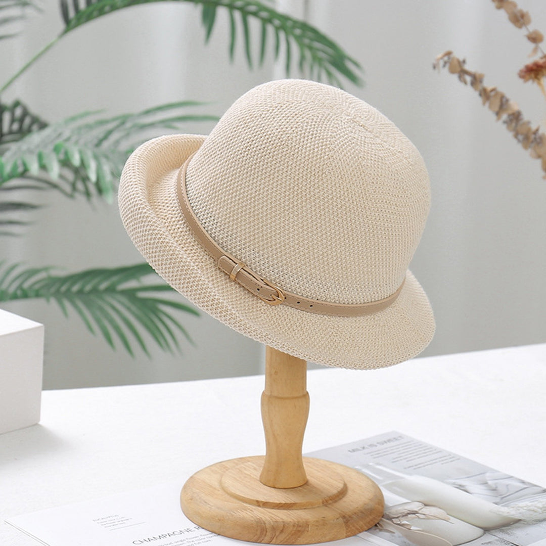 Women Beach Hat Solid Color Breathable Sun Protection Belt Decor Curled Edge Anti-UV Knitted Thin Summer Vacation Summer Image 10