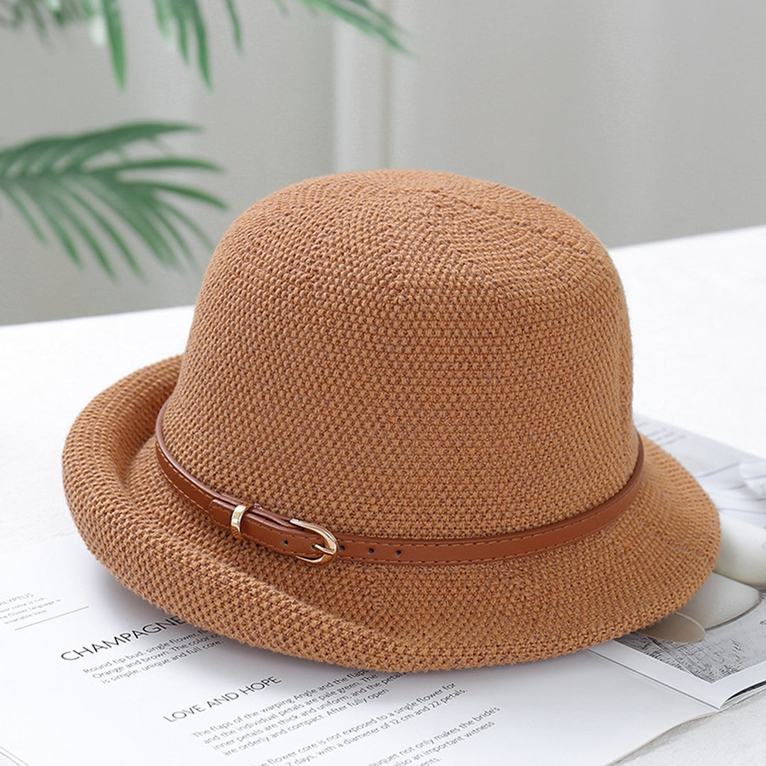 Women Beach Hat Solid Color Breathable Sun Protection Belt Decor Curled Edge Anti-UV Knitted Thin Summer Vacation Summer Image 11