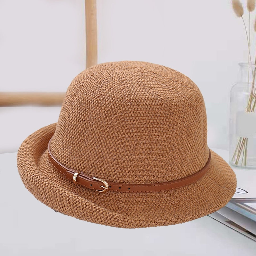 Women Beach Hat Solid Color Breathable Sun Protection Belt Decor Curled Edge Anti-UV Knitted Thin Summer Vacation Summer Image 12