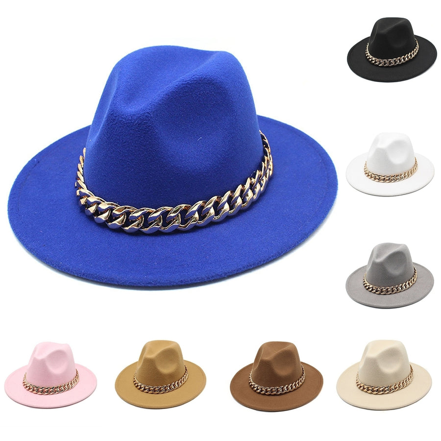 Wide Brim Solid Color Metal Chain Decor Jazz Hat Western Cowboy Cowgirl Fedora Hat Fashion Accessories Image 1