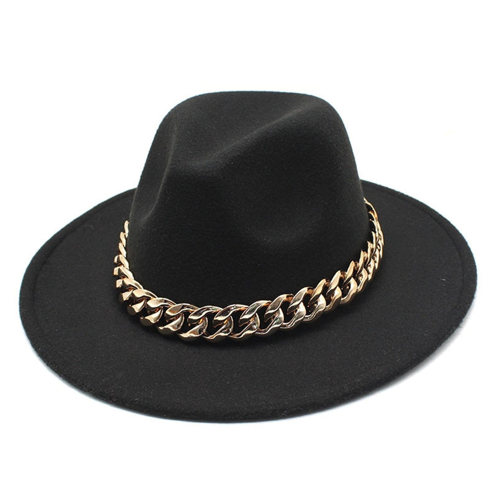 Wide Brim Solid Color Metal Chain Decor Jazz Hat Western Cowboy Cowgirl Fedora Hat Fashion Accessories Image 2