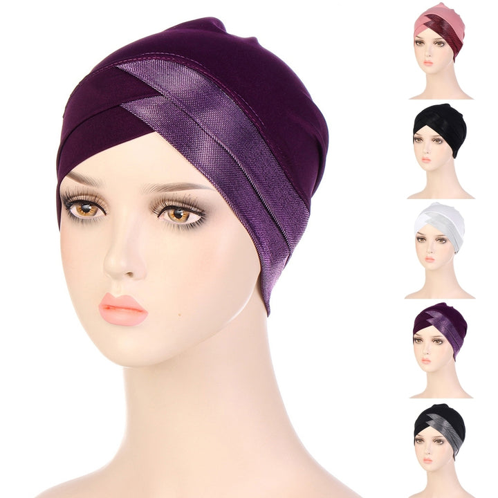 Bright Silk Brimless Elastic Headscarf Hat Foldable Forehead Cross Turban Hat Hair Accessories Image 1