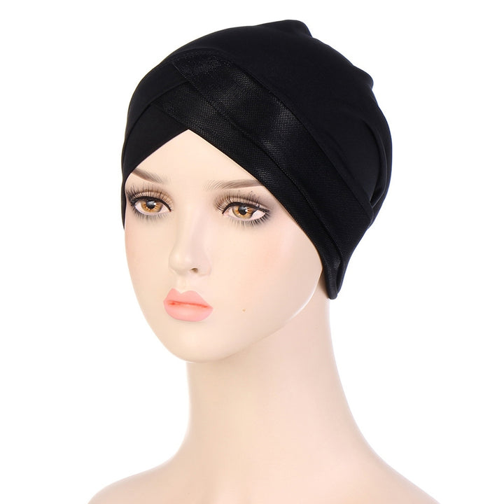 Bright Silk Brimless Elastic Headscarf Hat Foldable Forehead Cross Turban Hat Hair Accessories Image 2