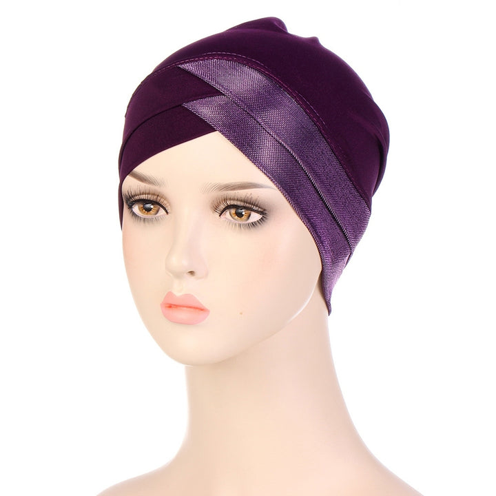 Bright Silk Brimless Elastic Headscarf Hat Foldable Forehead Cross Turban Hat Hair Accessories Image 6