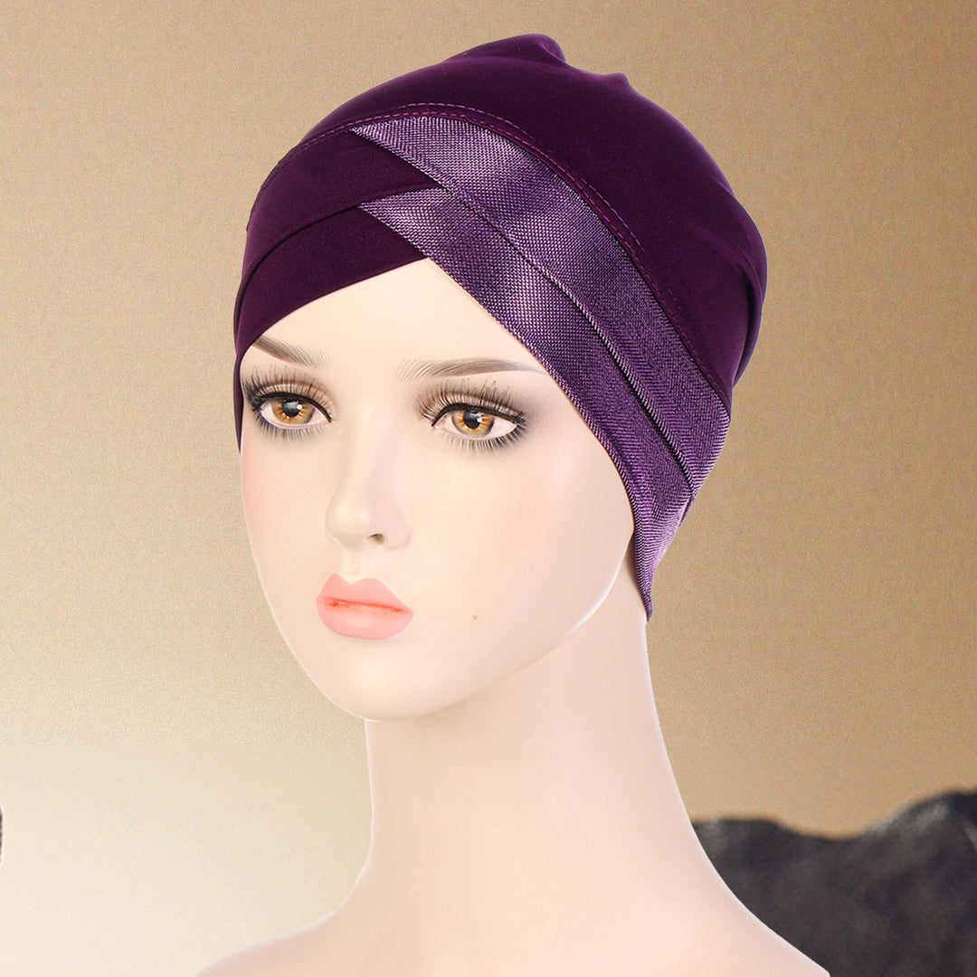 Bright Silk Brimless Elastic Headscarf Hat Foldable Forehead Cross Turban Hat Hair Accessories Image 9