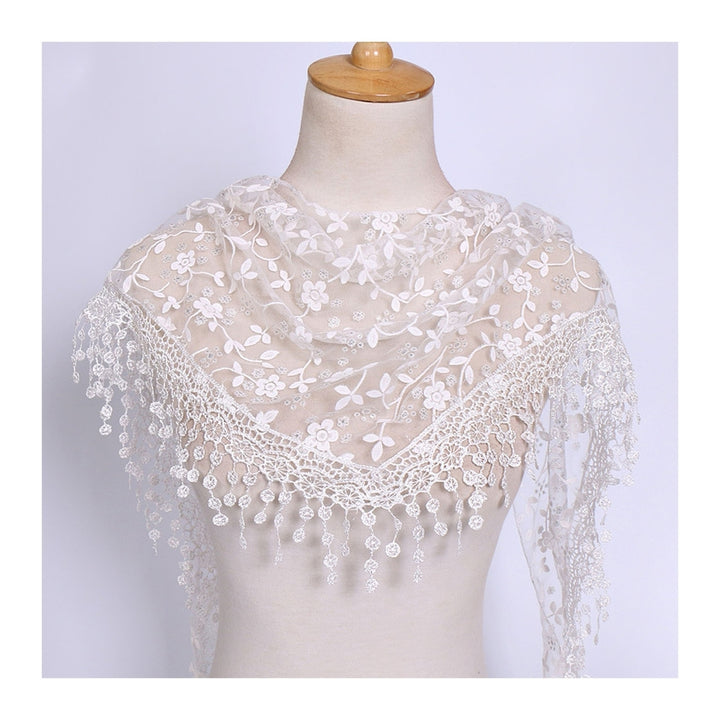 Women Lace Scarf Tassel Design Flower Pattern Church Triangle Scarf Prayer Shawl Daily Wear Image 3