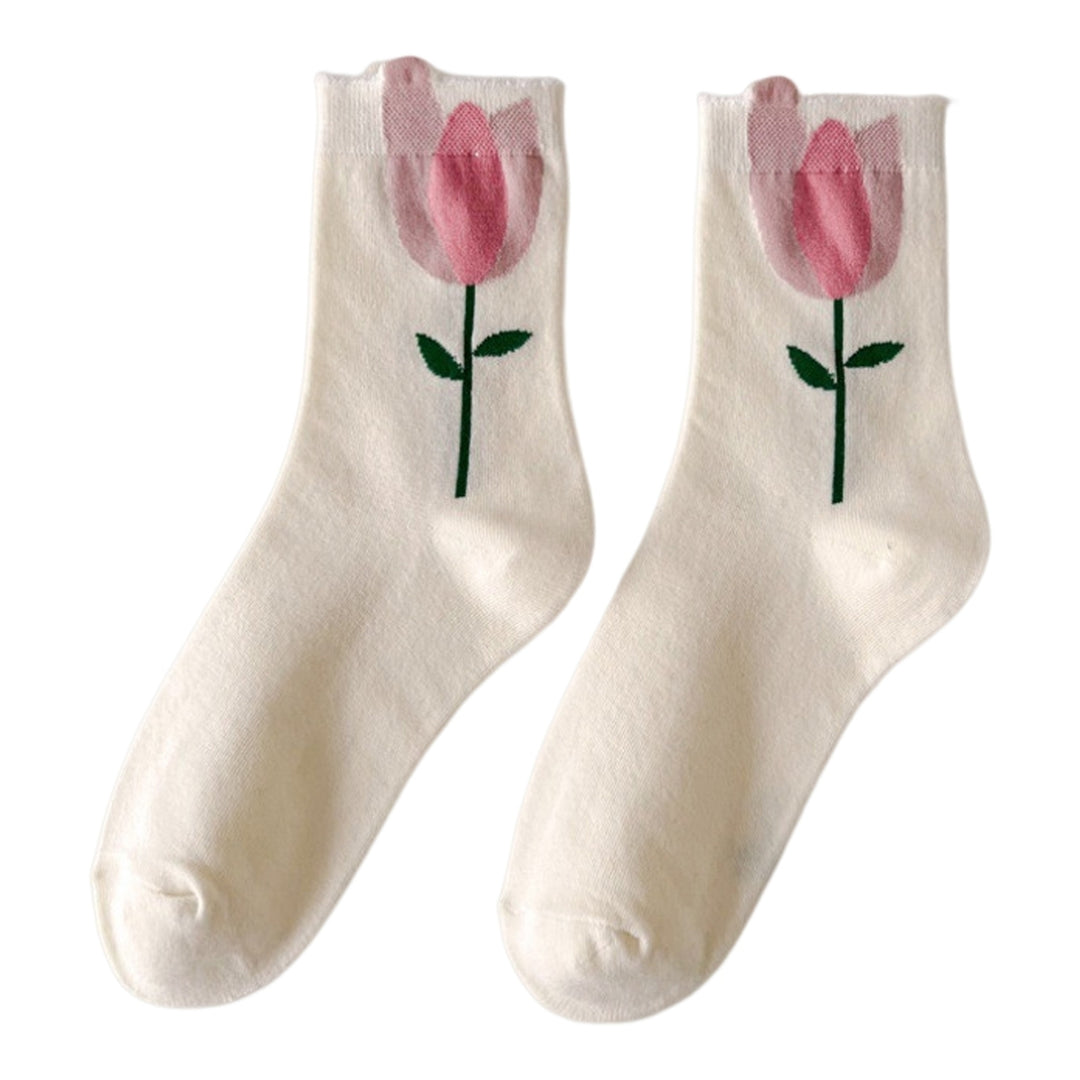 1 Pair Women Socks High Elasticity Soft Breathable Flower Print Anti-slip Sweat Absorption One Size Image 3