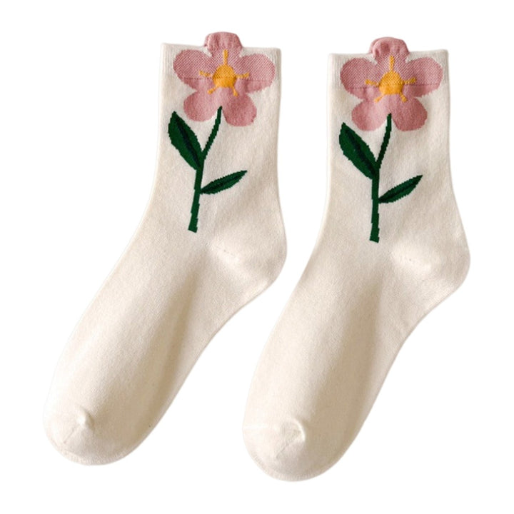 1 Pair Women Socks High Elasticity Soft Breathable Flower Print Anti-slip Sweat Absorption One Size Image 1