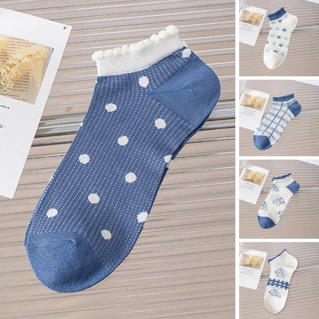 1 Pair Low Cut Socks Ruffle Breathable Mesh Stretch Casual Spring Summer Super Soft Blue Bear Women No Show Socks Daily Image 1