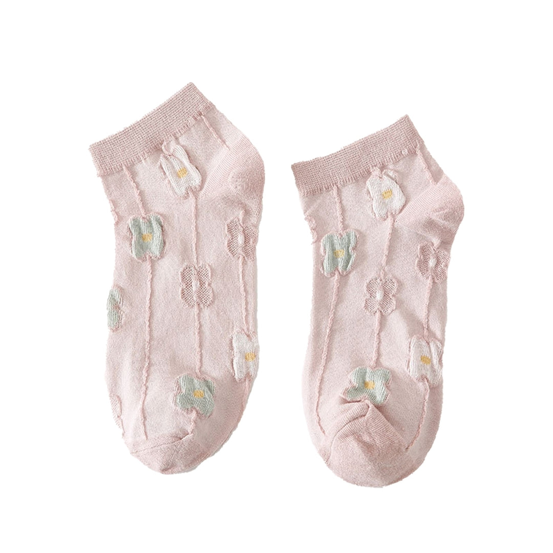 1 Pair Women Socks Solid Color Breathable Elastic Thin Flower Decor Daily Wear Soft Sweat Absorption Students Lady Socks Image 3
