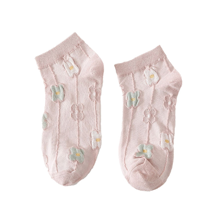 1 Pair Women Socks Solid Color Breathable Elastic Thin Flower Decor Daily Wear Soft Sweat Absorption Students Lady Socks Image 3