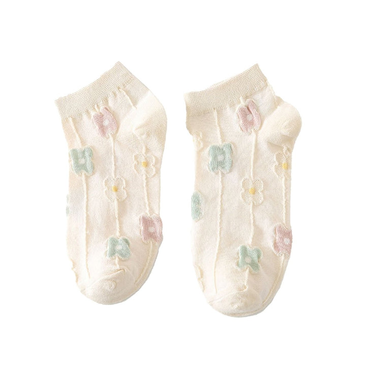 1 Pair Women Socks Solid Color Breathable Elastic Thin Flower Decor Daily Wear Soft Sweat Absorption Students Lady Socks Image 1