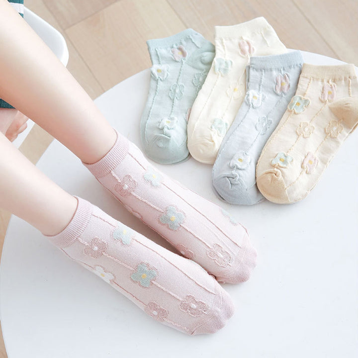 1 Pair Women Socks Solid Color Breathable Elastic Thin Flower Decor Daily Wear Soft Sweat Absorption Students Lady Socks Image 7