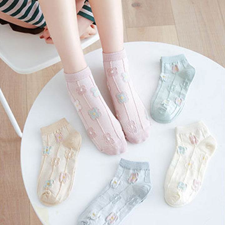 1 Pair Women Socks Solid Color Breathable Elastic Thin Flower Decor Daily Wear Soft Sweat Absorption Students Lady Socks Image 8