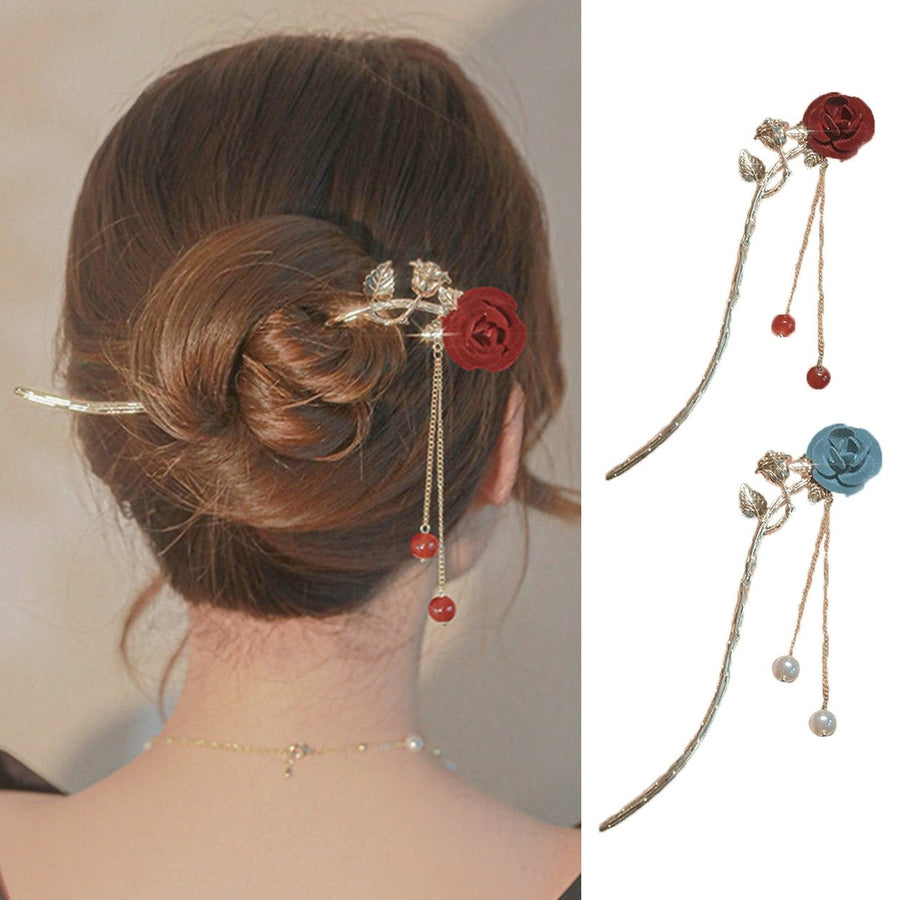 Beads Tassel Arc Design Non-Slip Hair Stick Women Cute Rose Flower Decor Hair Fork Costume Accessories Image 1