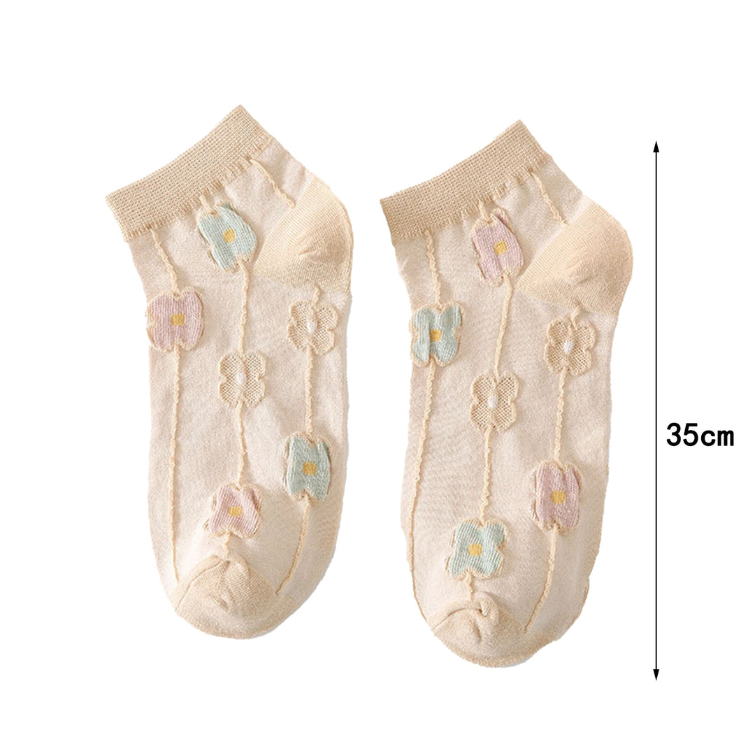 1 Pair Women Socks Solid Color Breathable Elastic Thin Flower Decor Daily Wear Soft Sweat Absorption Students Lady Socks Image 10