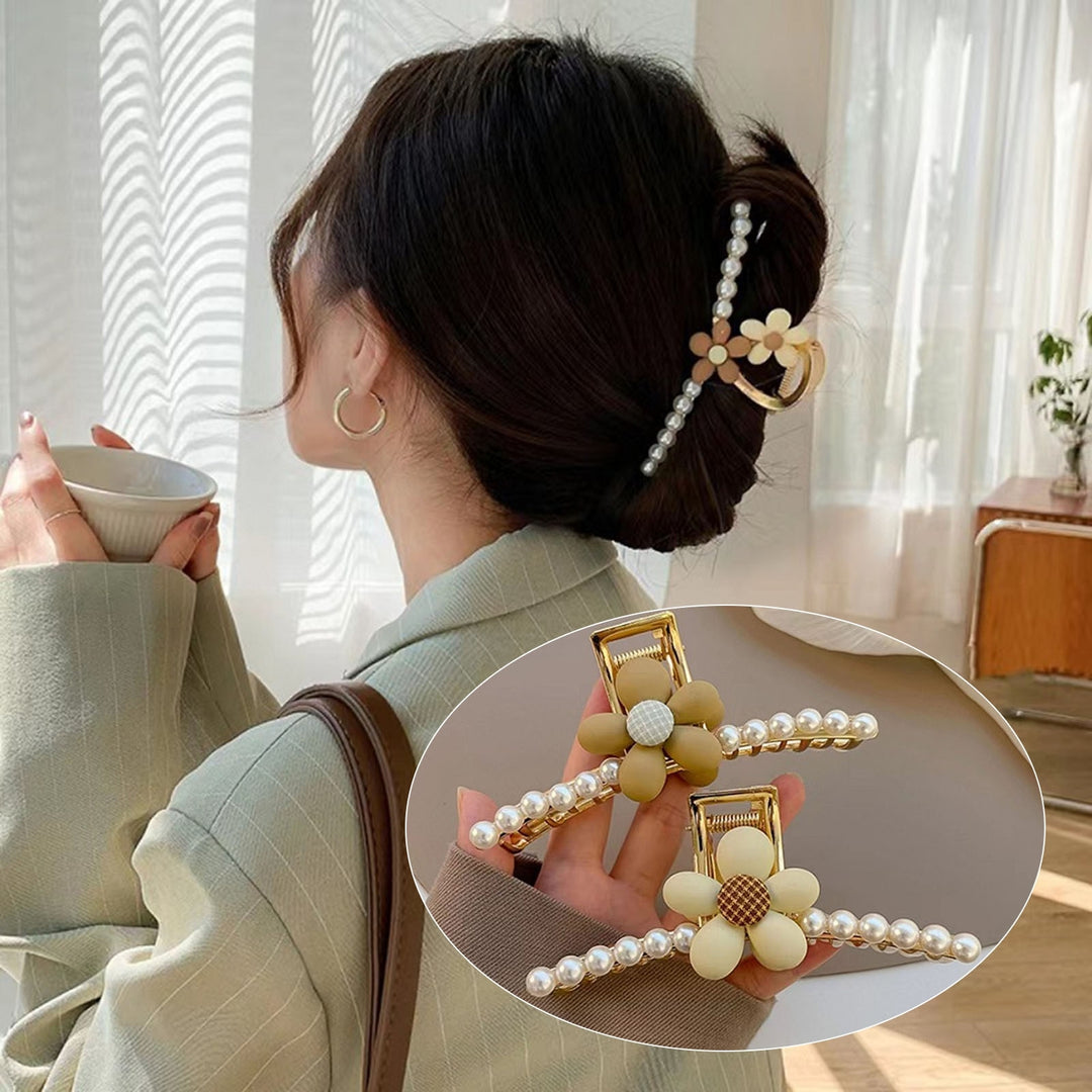 Women Hair Claw Faux Pearl Flower Decor Hollow Out Elastic Spring Strong Claw Hair Decoration Image 4