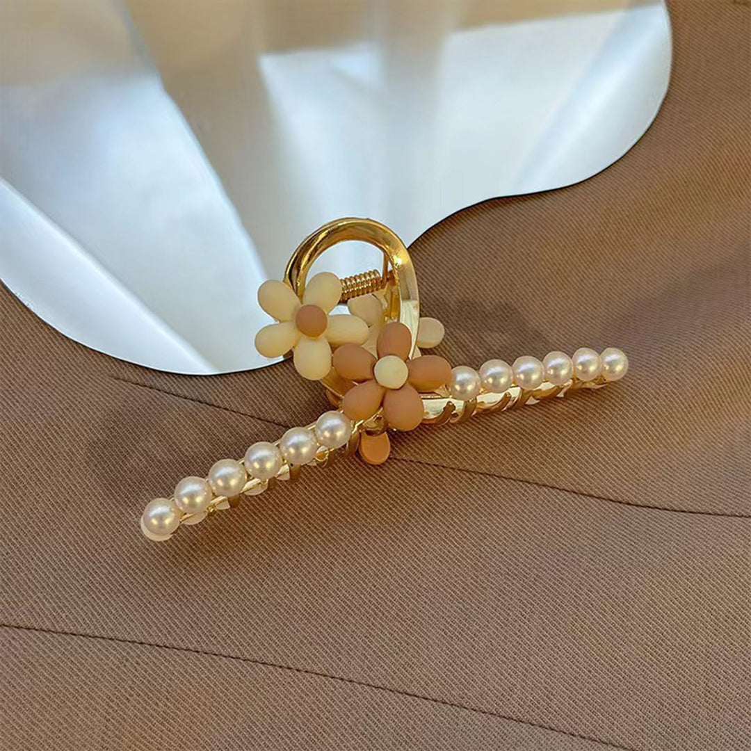 Women Hair Claw Faux Pearl Flower Decor Hollow Out Elastic Spring Strong Claw Hair Decoration Image 9