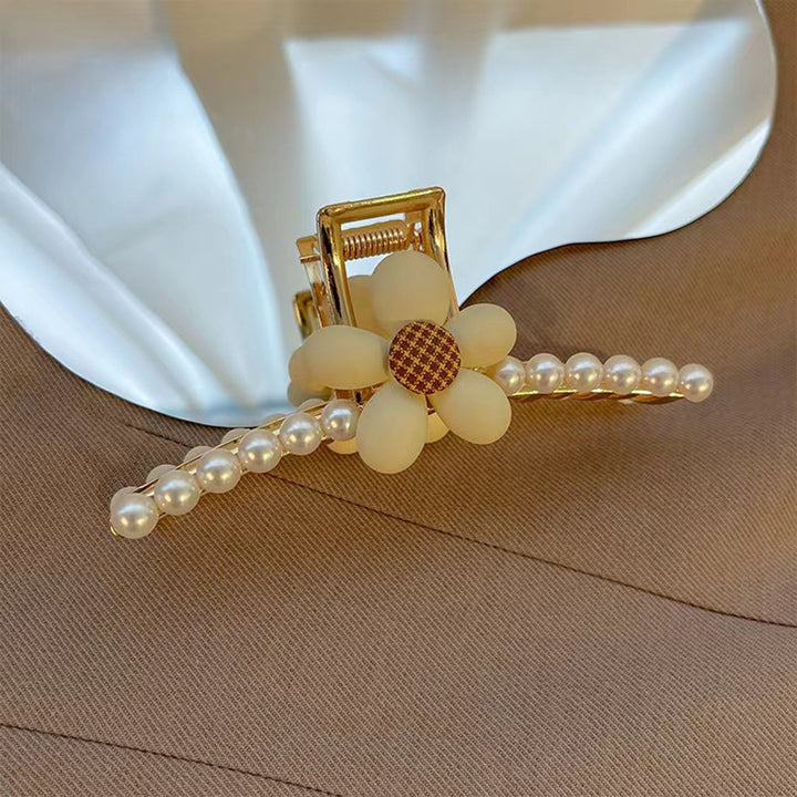 Women Hair Claw Faux Pearl Flower Decor Hollow Out Elastic Spring Strong Claw Hair Decoration Image 10