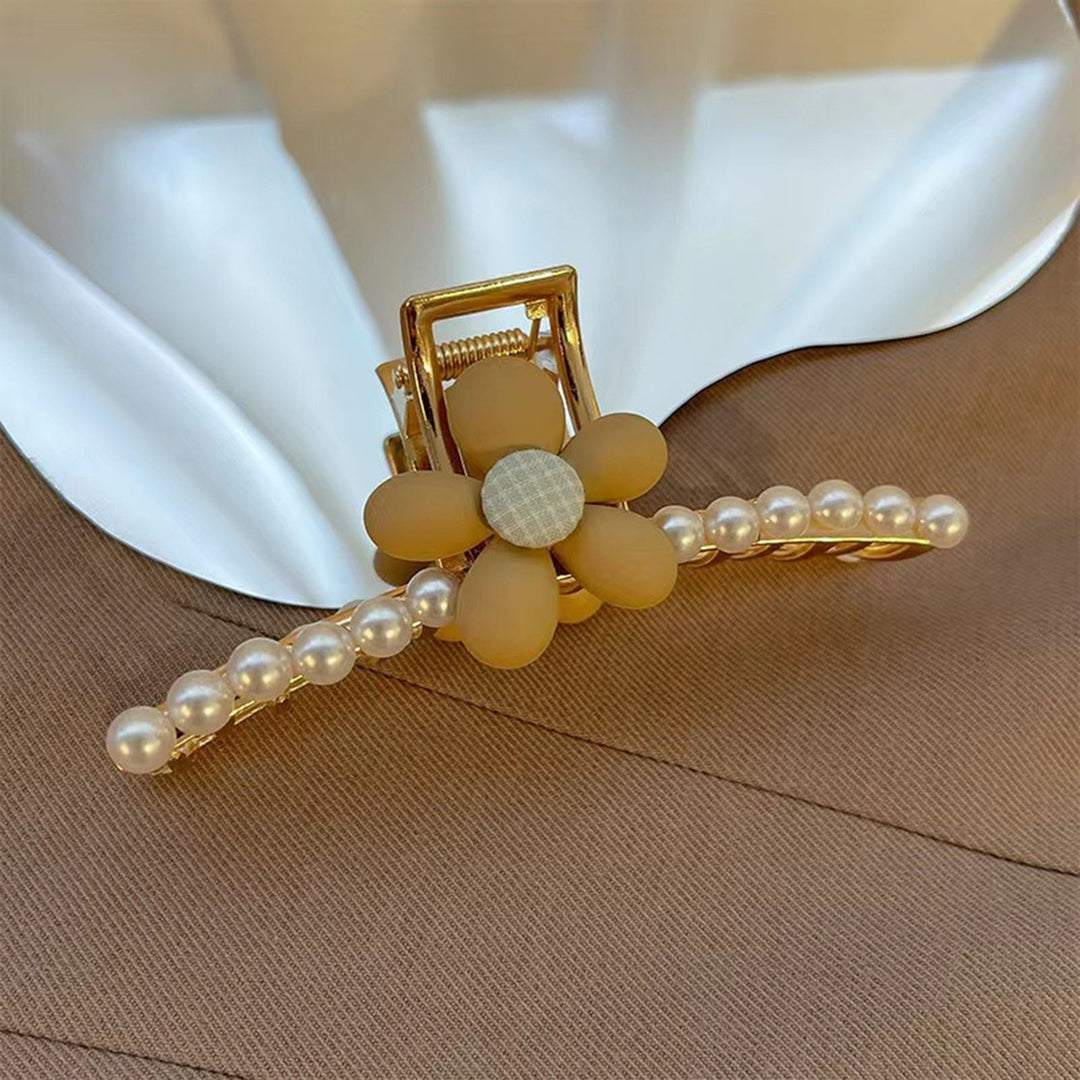 Women Hair Claw Faux Pearl Flower Decor Hollow Out Elastic Spring Strong Claw Hair Decoration Image 11