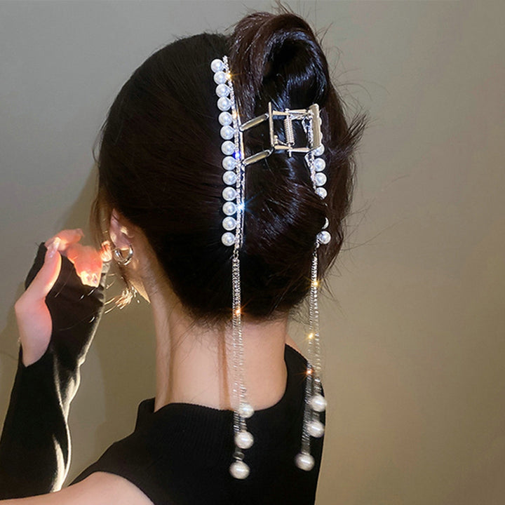 Hair Claw Clip Sparkling Faux Pearl Design Stunning Visual Effect Non-Slip with Tassel Dress-up All Image 8