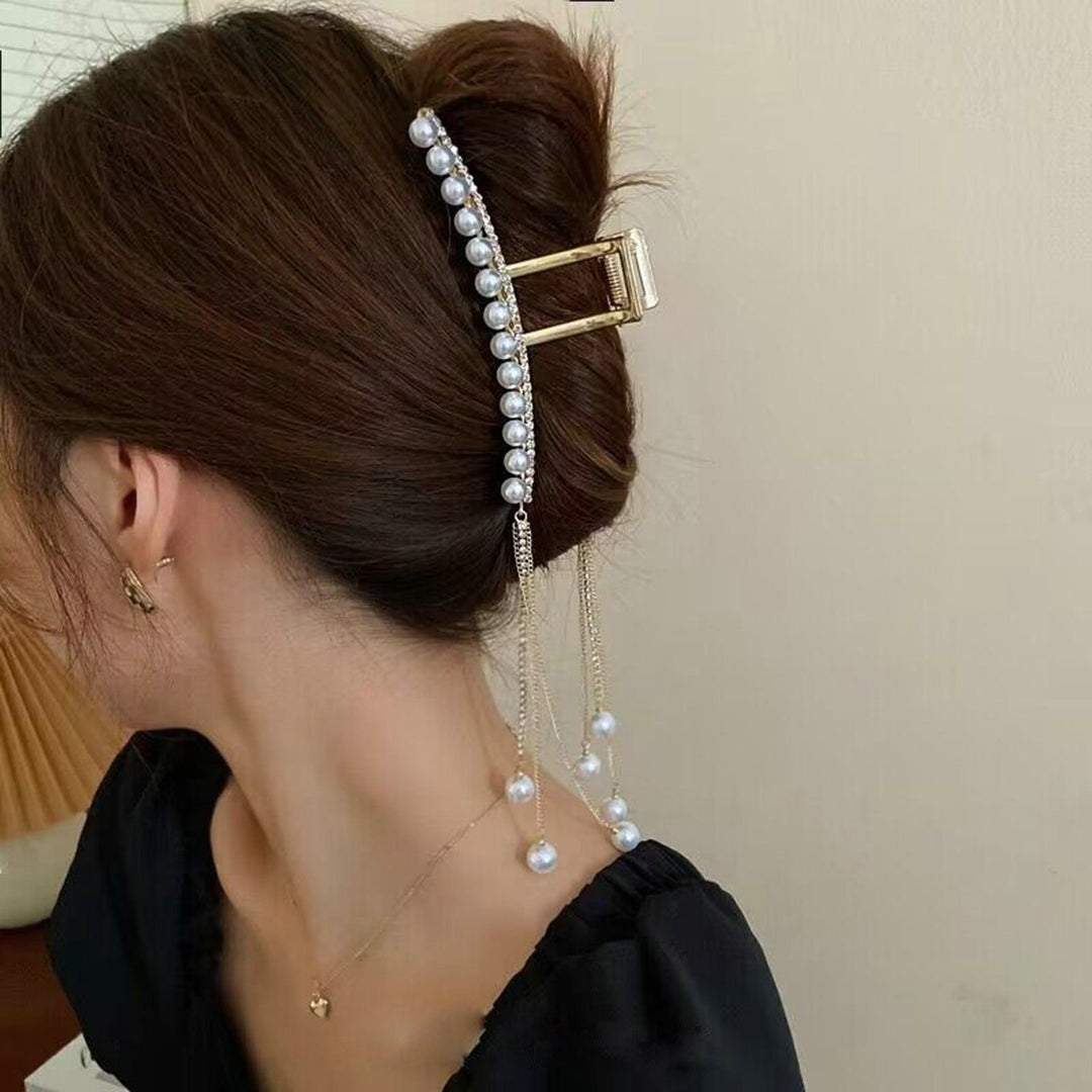 Hair Claw Clip Sparkling Faux Pearl Design Stunning Visual Effect Non-Slip with Tassel Dress-up All Image 9