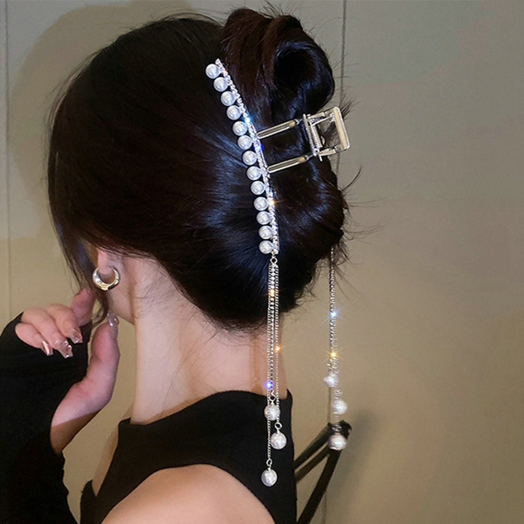 Hair Claw Clip Sparkling Faux Pearl Design Stunning Visual Effect Non-Slip with Tassel Dress-up All Image 12