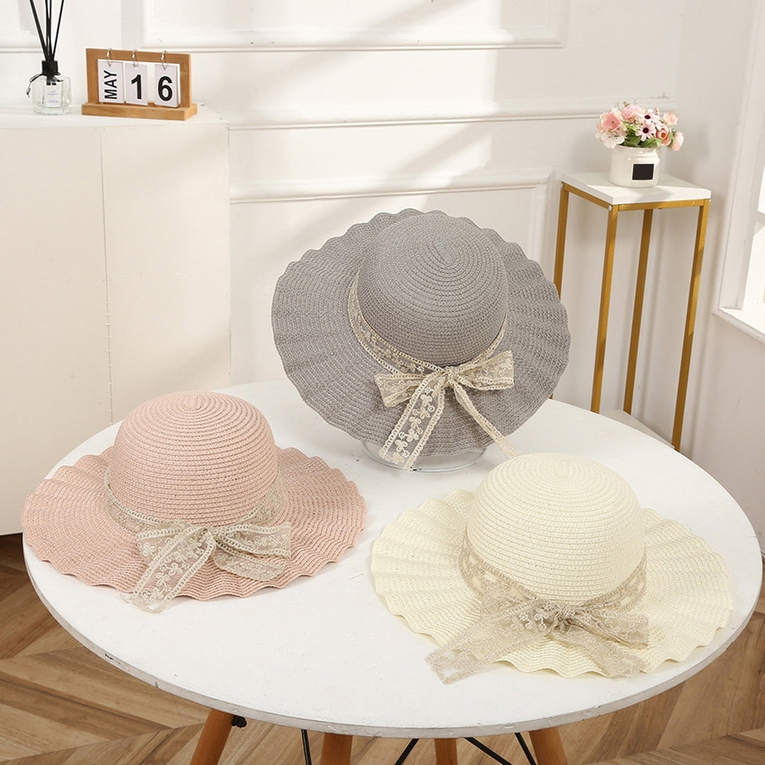 Women Hat Lace Butterfly Knot Handmade Wide Brim Round Dome Straw Sun Protection Pleated Classic Straw Sun Beach Hat Image 1