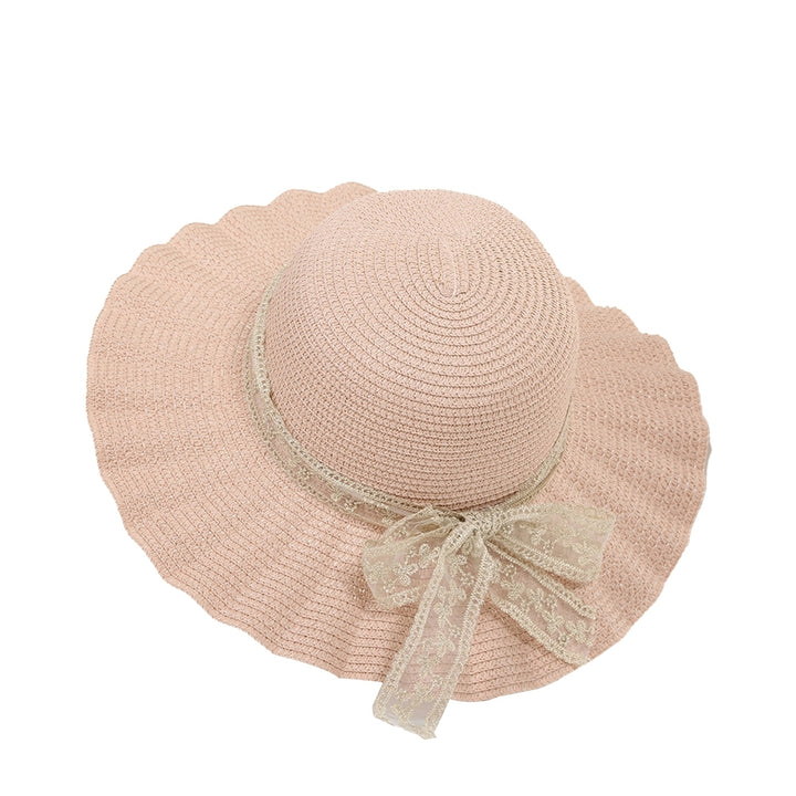 Women Hat Lace Butterfly Knot Handmade Wide Brim Round Dome Straw Sun Protection Pleated Classic Straw Sun Beach Hat Image 3