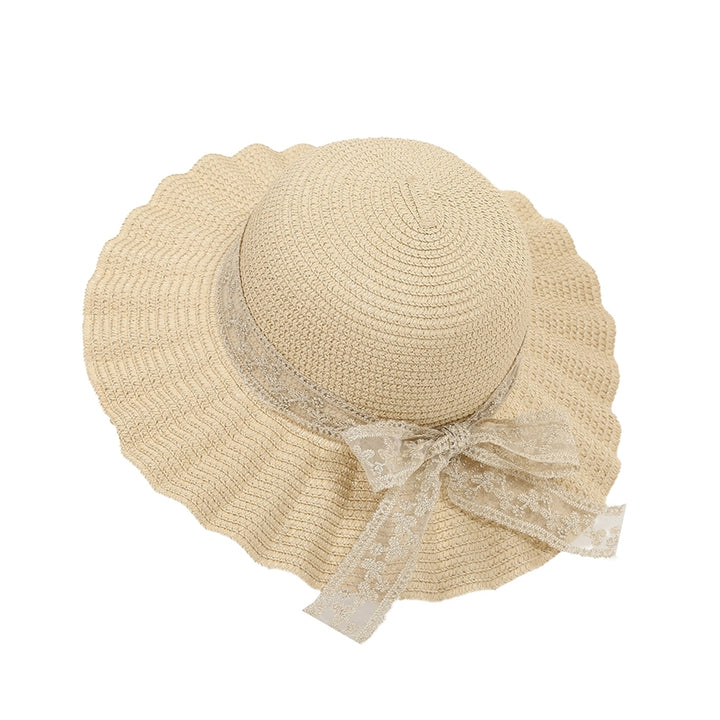 Women Hat Lace Butterfly Knot Handmade Wide Brim Round Dome Straw Sun Protection Pleated Classic Straw Sun Beach Hat Image 4