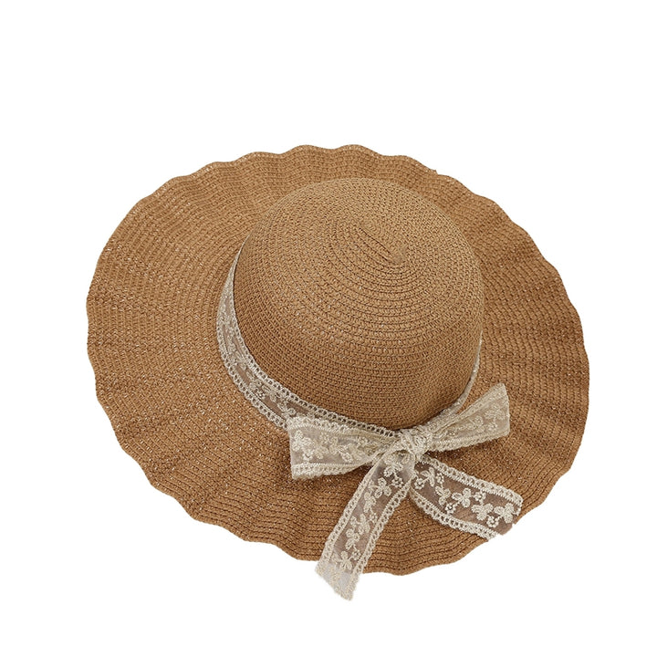 Women Hat Lace Butterfly Knot Handmade Wide Brim Round Dome Straw Sun Protection Pleated Classic Straw Sun Beach Hat Image 4