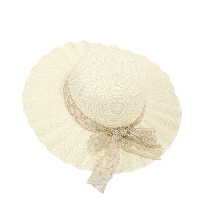 Women Hat Lace Butterfly Knot Handmade Wide Brim Round Dome Straw Sun Protection Pleated Classic Straw Sun Beach Hat Image 6