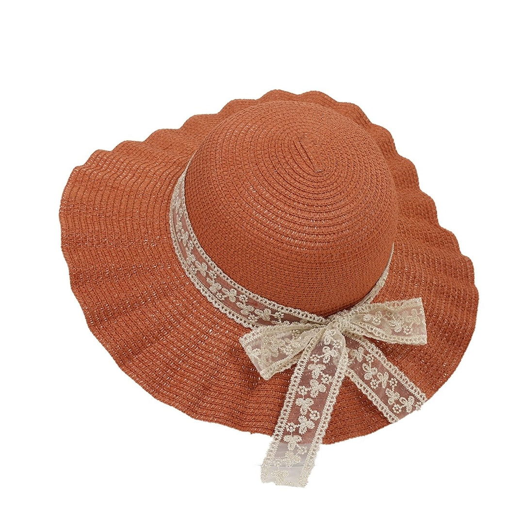 Women Hat Lace Butterfly Knot Handmade Wide Brim Round Dome Straw Sun Protection Pleated Classic Straw Sun Beach Hat Image 7