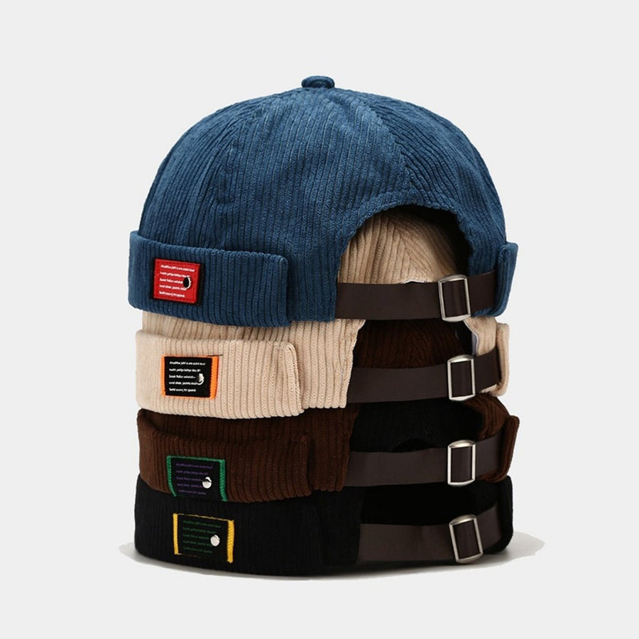 Ribbed Solid Color Logo Print Unisex Hat Adjustable Round Dome Soft Retro Corduroy Landlord Beanie Hat Streetwear Image 1