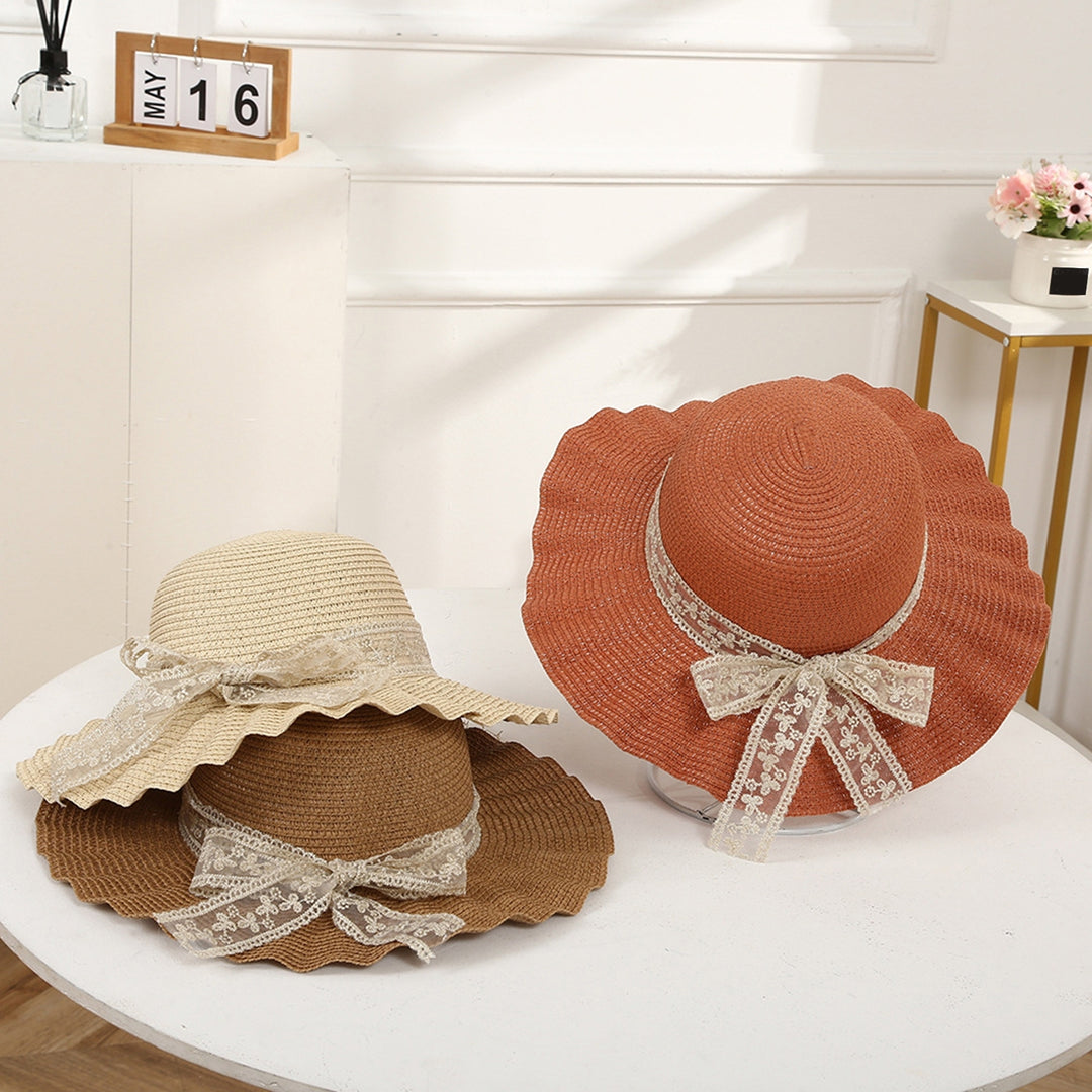 Women Hat Lace Butterfly Knot Handmade Wide Brim Round Dome Straw Sun Protection Pleated Classic Straw Sun Beach Hat Image 8