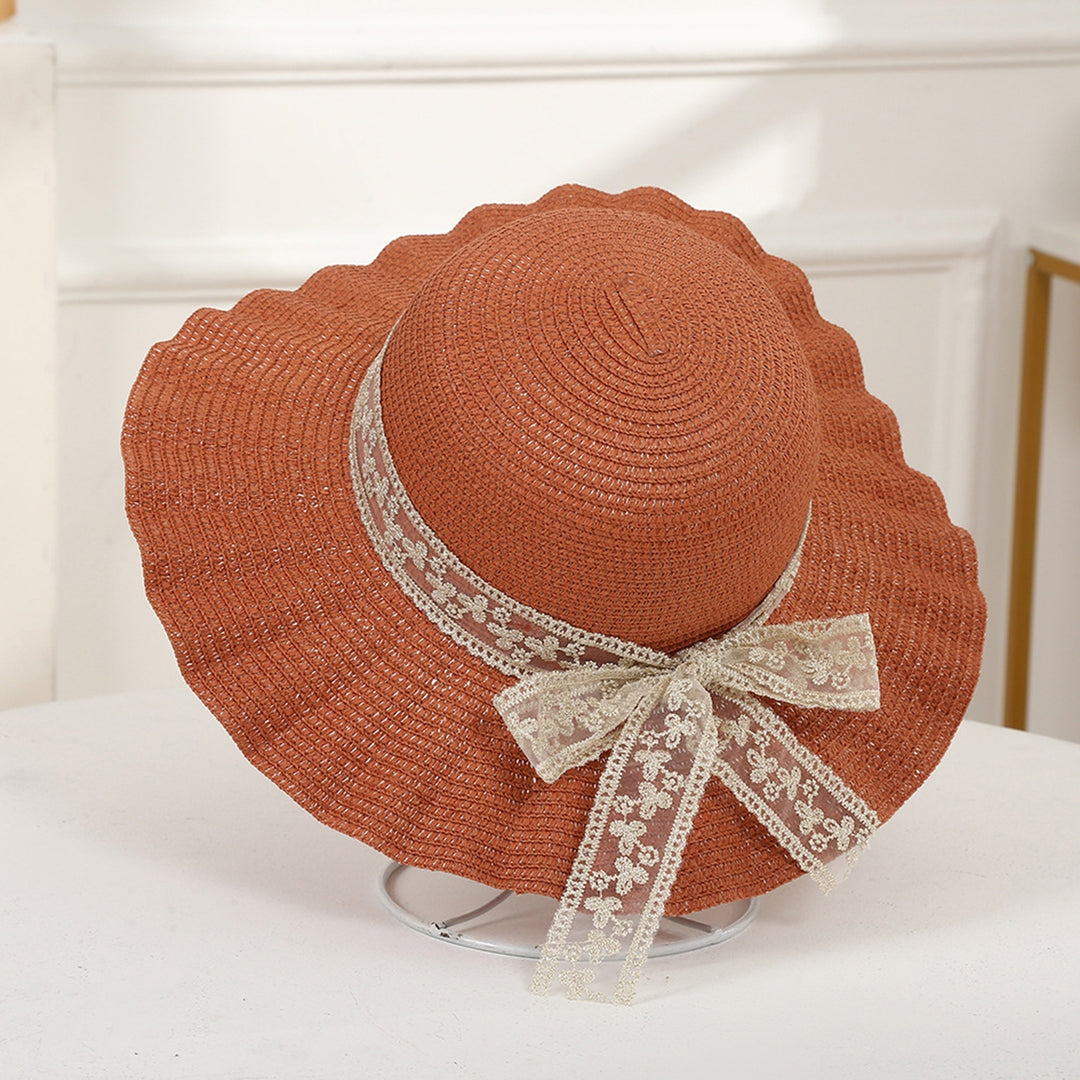 Women Hat Lace Butterfly Knot Handmade Wide Brim Round Dome Straw Sun Protection Pleated Classic Straw Sun Beach Hat Image 9