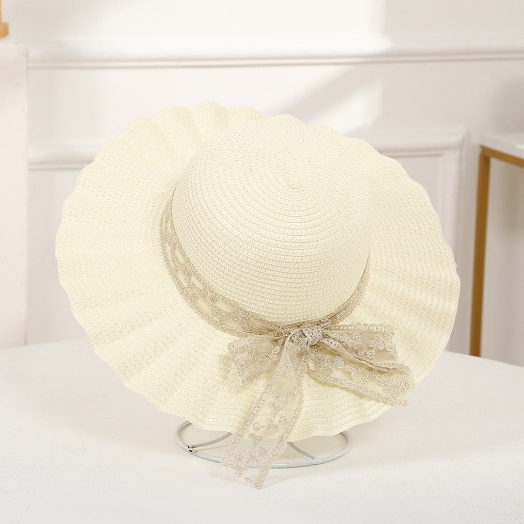 Women Hat Lace Butterfly Knot Handmade Wide Brim Round Dome Straw Sun Protection Pleated Classic Straw Sun Beach Hat Image 10