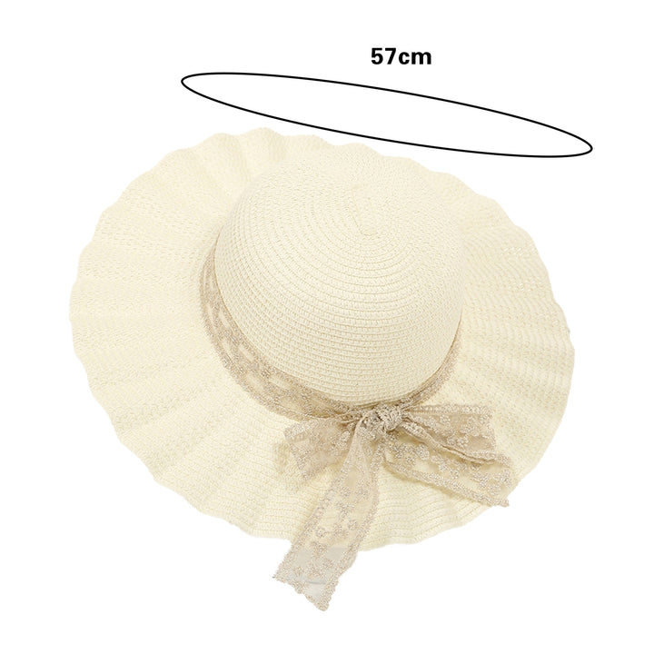 Women Hat Lace Butterfly Knot Handmade Wide Brim Round Dome Straw Sun Protection Pleated Classic Straw Sun Beach Hat Image 11