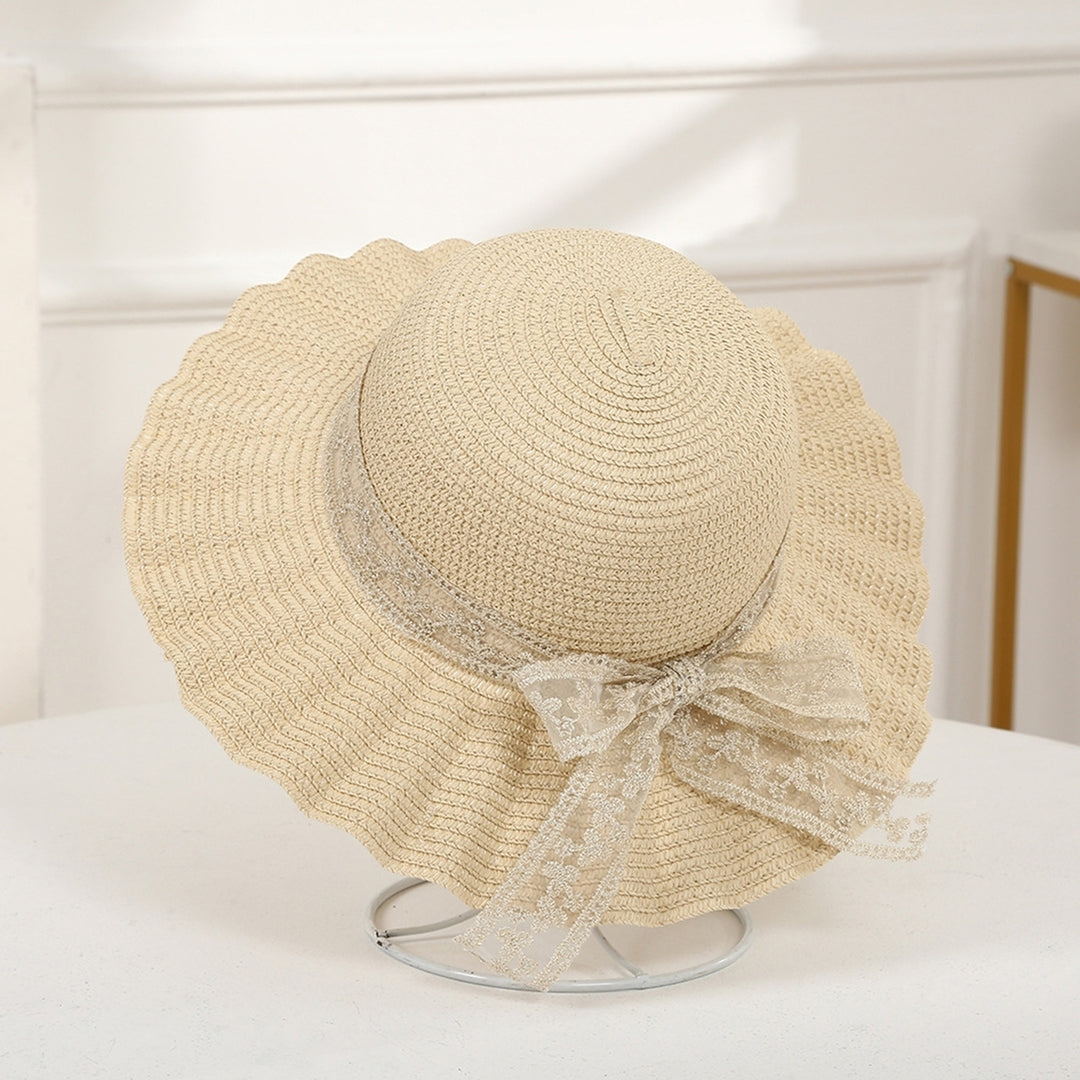 Women Hat Lace Butterfly Knot Handmade Wide Brim Round Dome Straw Sun Protection Pleated Classic Straw Sun Beach Hat Image 12