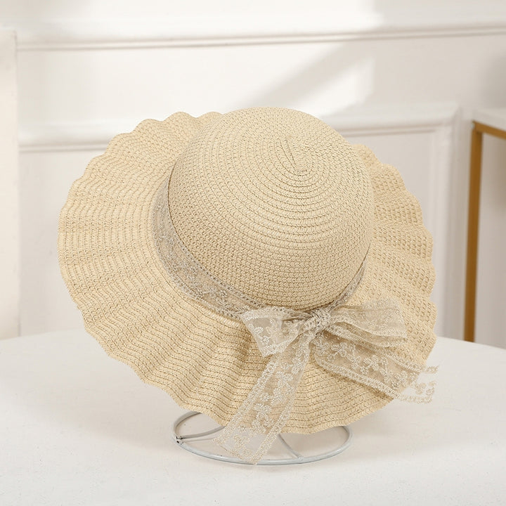 Women Hat Lace Butterfly Knot Handmade Wide Brim Round Dome Straw Sun Protection Pleated Classic Straw Sun Beach Hat Image 12