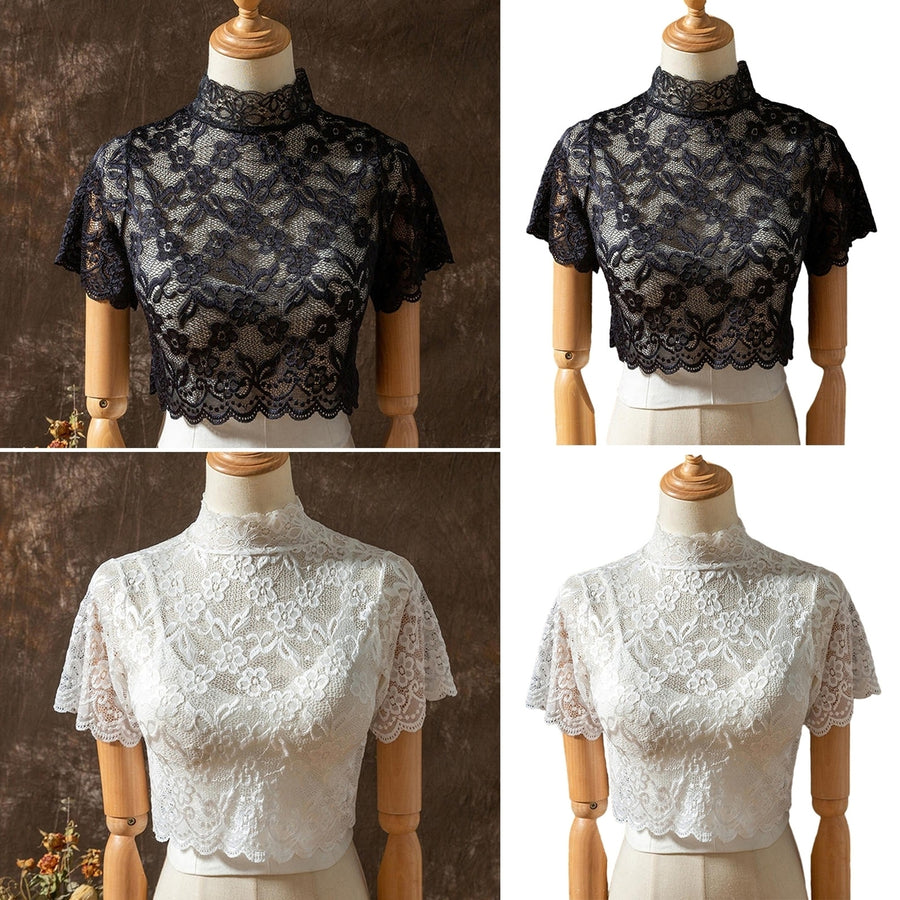 Half High Collar Short Sleeve Fake Collar See-through Solid Color Crochet Flower Pattern Lace Bottoming Top Clothing Image 1