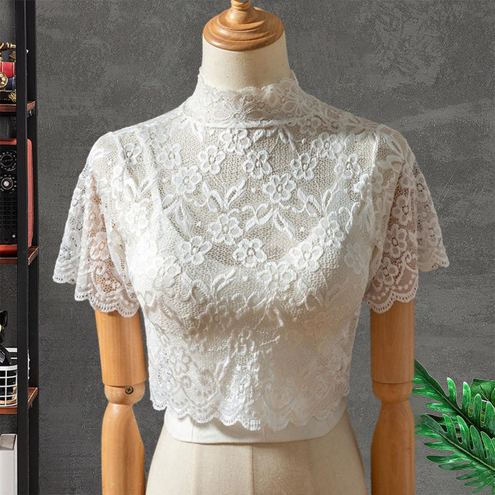 Half High Collar Short Sleeve Fake Collar See-through Solid Color Crochet Flower Pattern Lace Bottoming Top Clothing Image 3