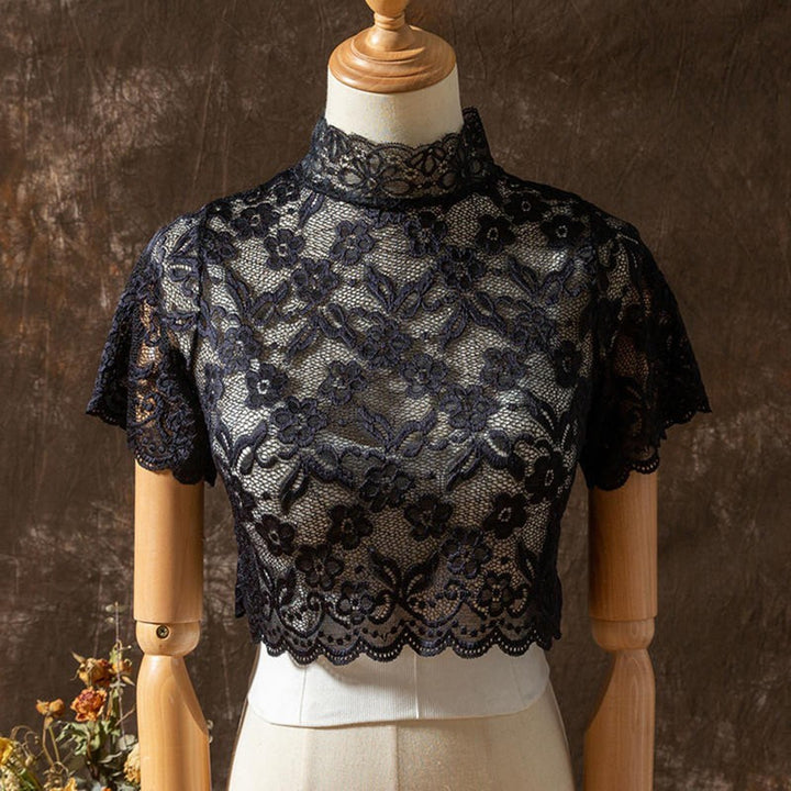 Half High Collar Short Sleeve Fake Collar See-through Solid Color Crochet Flower Pattern Lace Bottoming Top Clothing Image 4