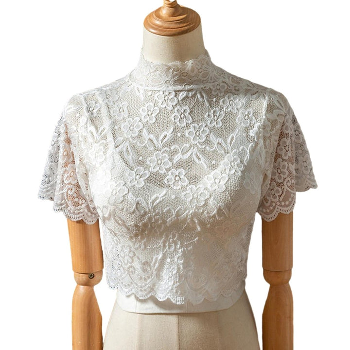 Half High Collar Short Sleeve Fake Collar See-through Solid Color Crochet Flower Pattern Lace Bottoming Top Clothing Image 4