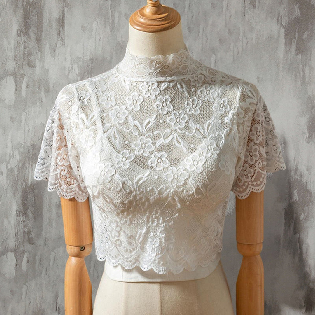 Half High Collar Short Sleeve Fake Collar See-through Solid Color Crochet Flower Pattern Lace Bottoming Top Clothing Image 6