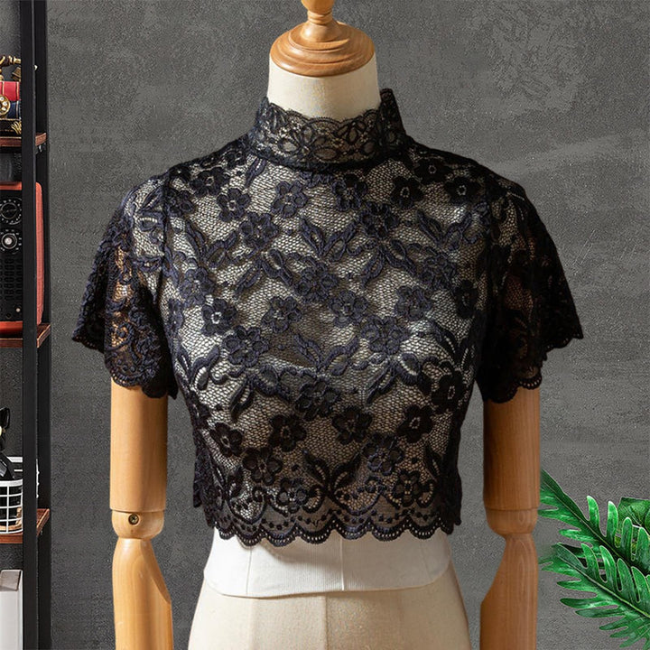 Half High Collar Short Sleeve Fake Collar See-through Solid Color Crochet Flower Pattern Lace Bottoming Top Clothing Image 9