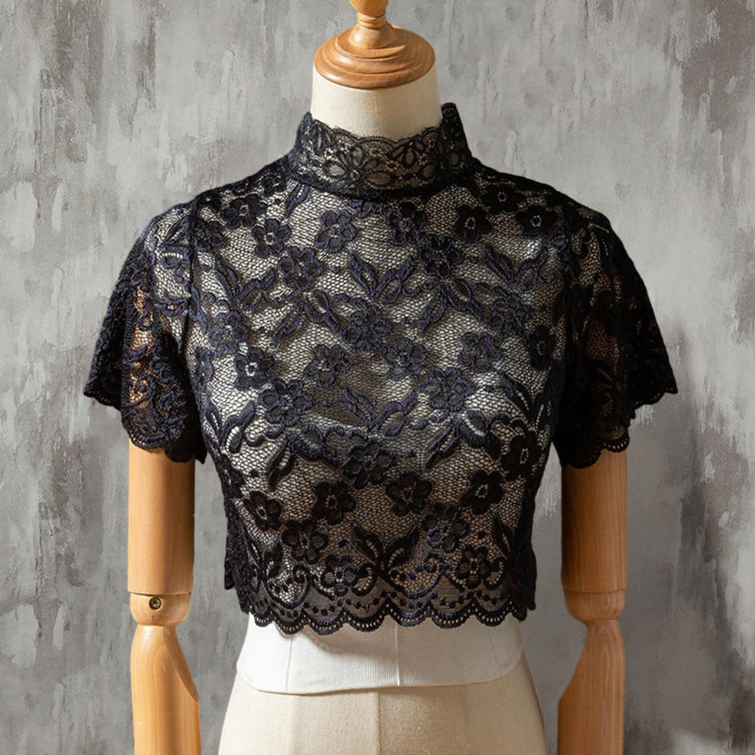 Half High Collar Short Sleeve Fake Collar See-through Solid Color Crochet Flower Pattern Lace Bottoming Top Clothing Image 10